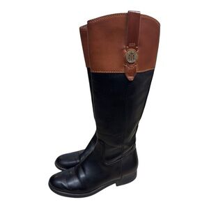 Tommy Hilfiger Shano Black Brown Faux Leather Riding Boots Size 6 Fall Preppy